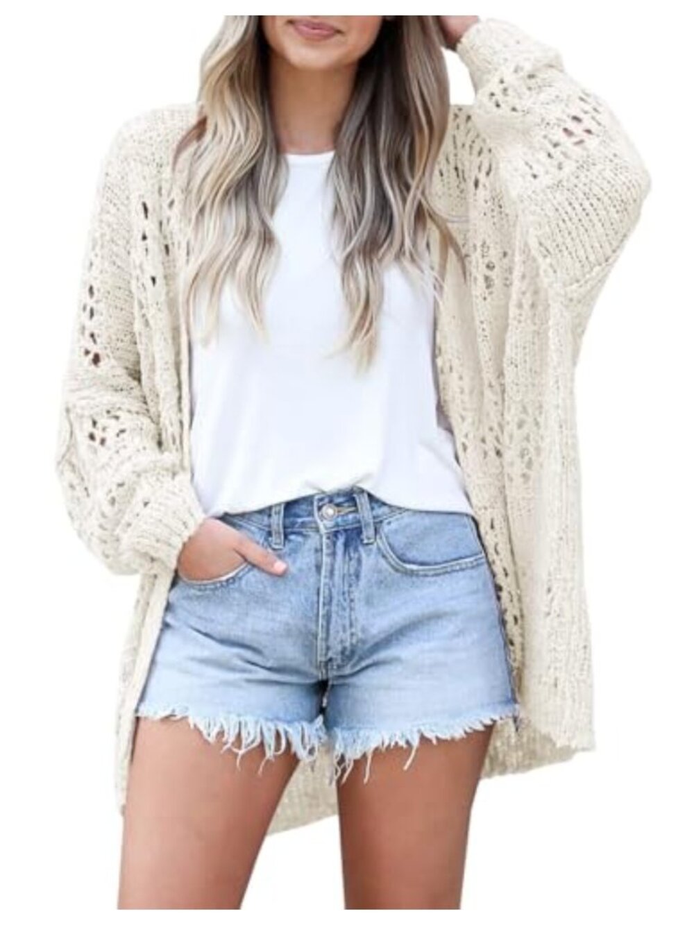 Crochet Knit Cardigan Kimono Boho Oversized Long Sleeve Open Front Sweater